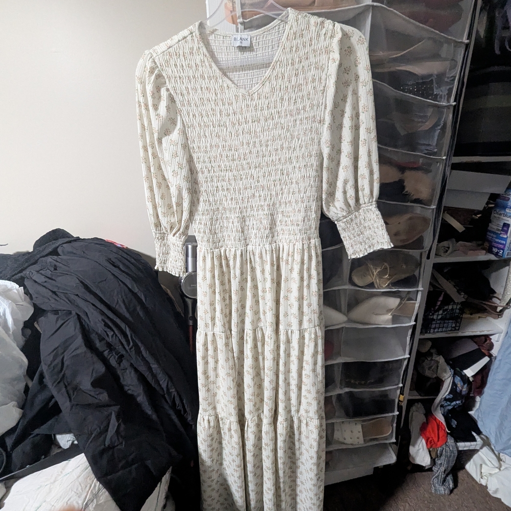Elegant Cream Floral Smocked Dress